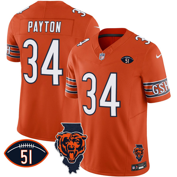 Men's Chicago Bears #34 Walter Payton Orange F.U.S.E. With Illinois and No. 51 Patch Stitched Football Jersey Men's Chicago Bears #34 Walter Payton Orange F.U.S.E. With Illinois and No. 51 Patch Stitched Football Jersey